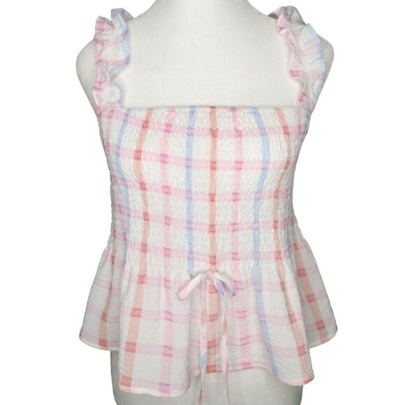 NWT Blu Pepper Size M White Multicolor Smocked Peplum Tank Top - Picture 1 of 7
